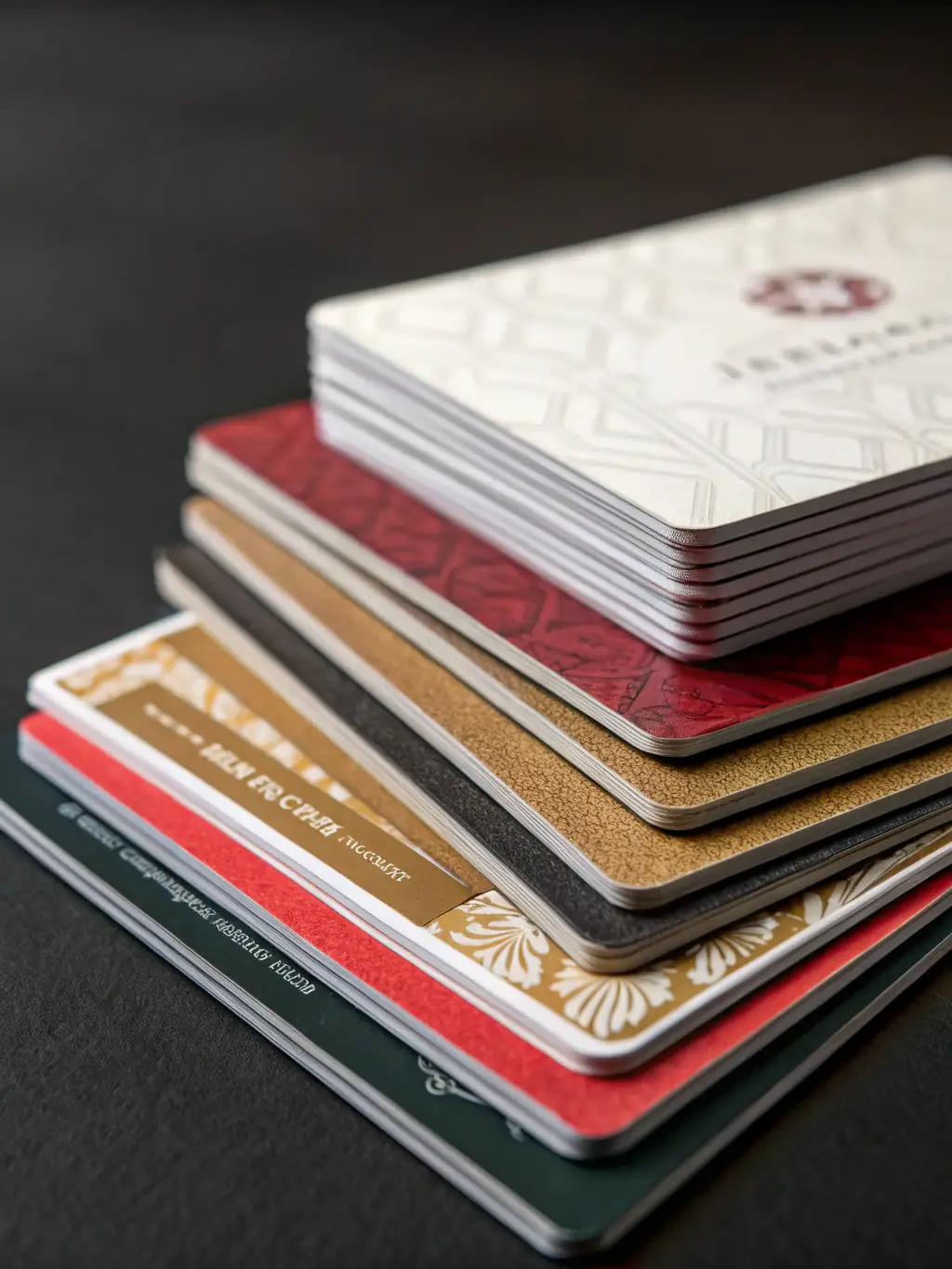 A close-up shot of a stack of professionally designed business cards with the Moga Advertising logo subtly placed in the background, emphasizing the quality and attention to detail.